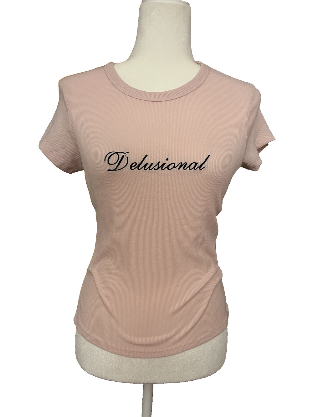 Women's Orange Kiss Size Large Fitted Ribbed Delusional Pink T-Shirt Bows Y2K